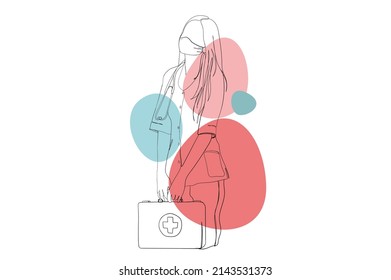 Nurse holding first aid kit continuous line drawing concept. Young woman with stethoscope wears medical uniform. Doctor therapist in clinic. Vector illustration in outline hand drawn design for web