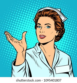 nurse holding gesture. Pop art retro vector illustration kitsch vintage