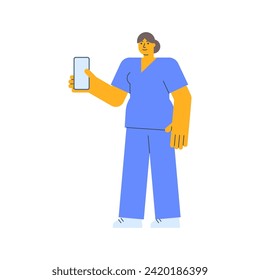 Nurse holding mobile phone and smiles. Vector Illustration