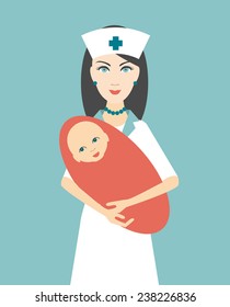 Nurse holding newborn child. Flat design. Vector.