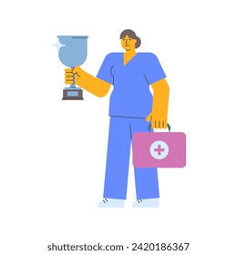 Nurse holding silver cup and holding suitcase. Vector Illustration