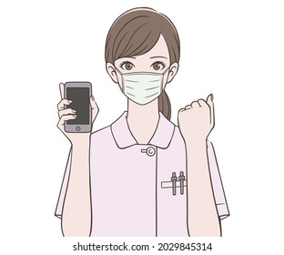 A nurse holding a smartphone and wearing a mask to make a guts pose