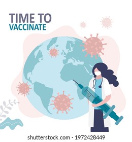 Nurse holding syringe with coronavirus vaccine. Woman in protective mask vaccinating people. Large globe and viruses on background. Time to vaccinate. Medicine and healthcare. Flat vector illustration