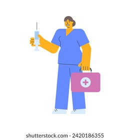 Nurse holding syringe and holding suitcase. Vector Illustration