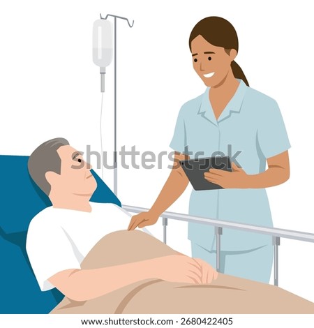 Nurse holding a tablet while attending to a patient lying in a hospital bed with an IV drip. Flat vector illustration isolated on white background