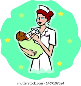 nurse holds the baby in her arms.