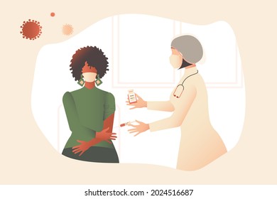 A nurse holds a bottle of COVID-19 coronavirus vaccine and a syringe with a dose in her hands, planning to give the patient an injection. Antiviral drug for human health around the world. Vector.