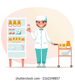 Nurse holds bottle of pills in hands. Medical, therapeutic pills, capsules, tablets. Smiling doctor in medical clothes. For medical websites, posters, banners. Vector illustration