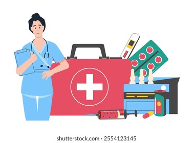 Nurse holds clipboard near first aid kit, syringe and thermometer, pills and suppositories. Emergency services. Health improvement, telemedicine and medical diagnostics concept. Vector illustration.