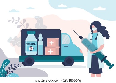 Nurse holds syringe with antiviral medicine. Special transport for distribution of covid-19 vaccine. Truck full of medications and cardboard boxes. Drug delivery concept. Flat vector illustration