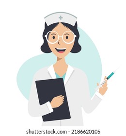 The nurse holds a syringe in her hand on a white background. A nurse holds a medical card and a syringe and smiles. Vaccination concept, vector flat illustration