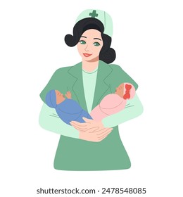 Nurse holds two babies in her arms. Vector hand drawn illustration. International Nurses Day. A smiling nurse holds twins. Pediatrician with newborn twins.