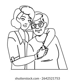 nurse home healthcare nursing vector. senior patient, doctor old, retirement caregiver nurse home healthcare nursing character. people black line pencil drawing illustration