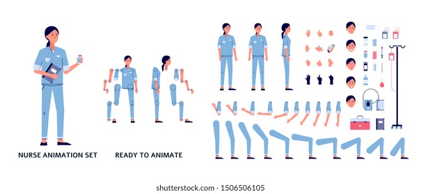 Nurse in hospital uniform character constructor set of body parts and poses flat cartoon vector illustration isolated on white background. Medical professional bundle.