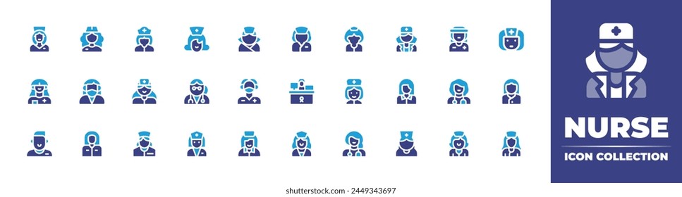 Nurse icon collection. Duotone color. Vector illustration. Containing woman, nurse, doctor, volunteer, man.