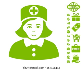 Nurse icon with free bonus graphic icons. Vector illustration style is flat iconic symbols, eco green color, white background.