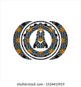 nurse icon inside arabesque style emblem. arabic decoration.