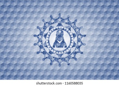 nurse icon inside blue emblem or badge with abstract geometric pattern background.