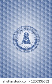 nurse icon inside blue emblem with geometric background.