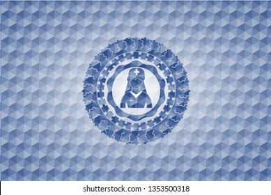 nurse icon inside blue emblem with geometric pattern.