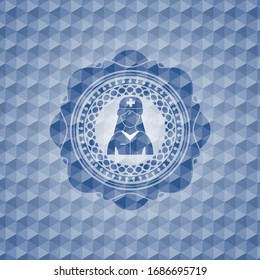 nurse icon inside blue hexagon emblem.