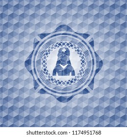 nurse icon inside blue polygonal emblem.