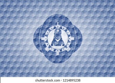 nurse icon inside blue polygonal emblem.