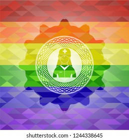 nurse icon inside emblem on mosaic background with the colors of the LGBT flag