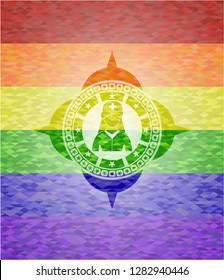 nurse icon inside emblem on mosaic background with the colors of the LGBT flag