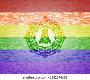 nurse icon inside emblem on mosaic background with the colors of the LGBT flag