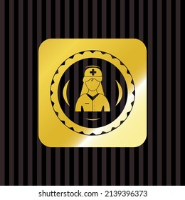 nurse icon inside golden emblem. 