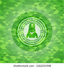 nurse icon inside green emblem with triangle mosaic background