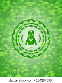 nurse icon inside green emblem with triangle mosaic background