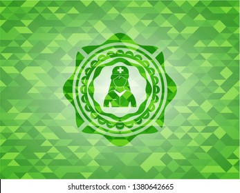 nurse icon inside green emblem. Mosaic background