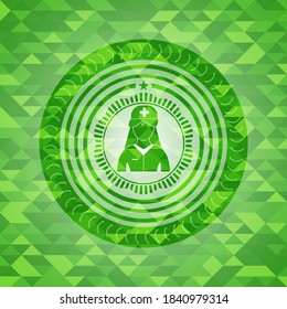 nurse icon inside green emblem with mosaic ecological style background. 