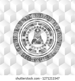 nurse icon inside grey badge with geometric cube white background