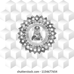 nurse icon inside grey icon or emblem with geometric cube white background