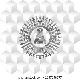 nurse icon inside grey icon or emblem with geometric cube white background