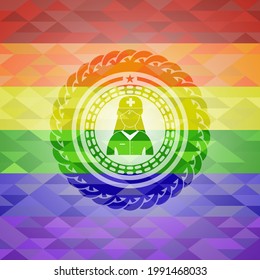 nurse icon inside lgbt colors emblem. 