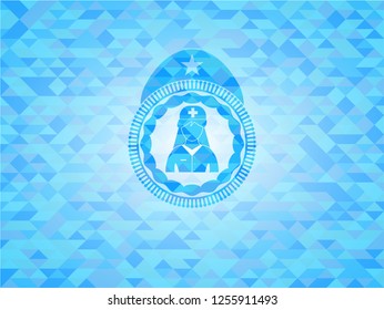 nurse icon inside light blue emblem with mosaic ecological style background