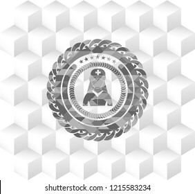 nurse icon inside realistic grey emblem with geometric cube white background