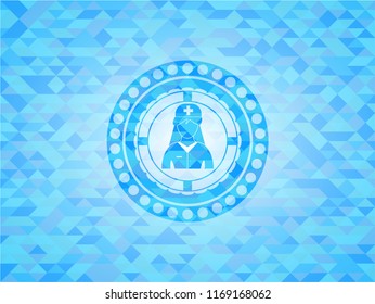 nurse icon inside realistic sky blue mosaic emblem