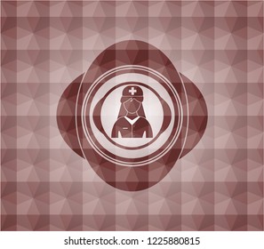nurse icon inside red badge with geometric pattern. Seamless.