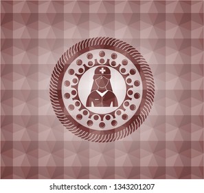 nurse icon inside red emblem or badge with abstract geometric pattern background. Seamless.