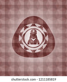 nurse icon inside red seamless emblem with geometric background.