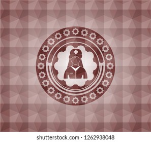 nurse icon inside red seamless emblem with geometric pattern.
