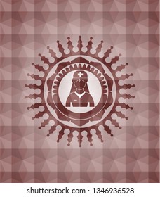 nurse icon inside red seamless emblem or badge with abstract geometric polygonal pattern background.