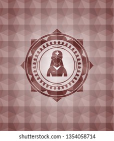 nurse icon inside red seamless emblem with geometric pattern.