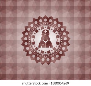 nurse icon inside red seamless emblem with geometric background.