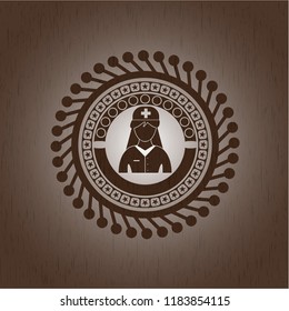 nurse icon inside retro style wood emblem